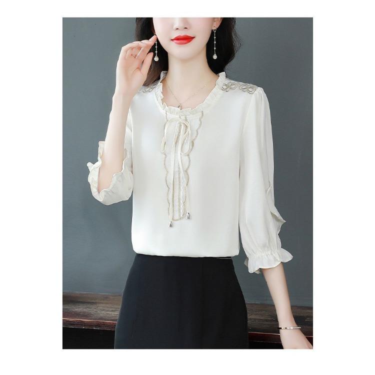Top alla moda in raso da donna estate colore puro versatile elegante maniche a sette quarti camicetta elegante