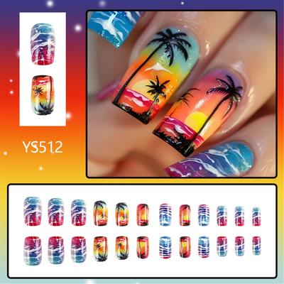 Unghie Finte Press-on Facili da Indossare Spiaggia al Tramonto Palma Unghie Adesive Acrilico Unghia Falsa per Manicure Rapida e alla Moda