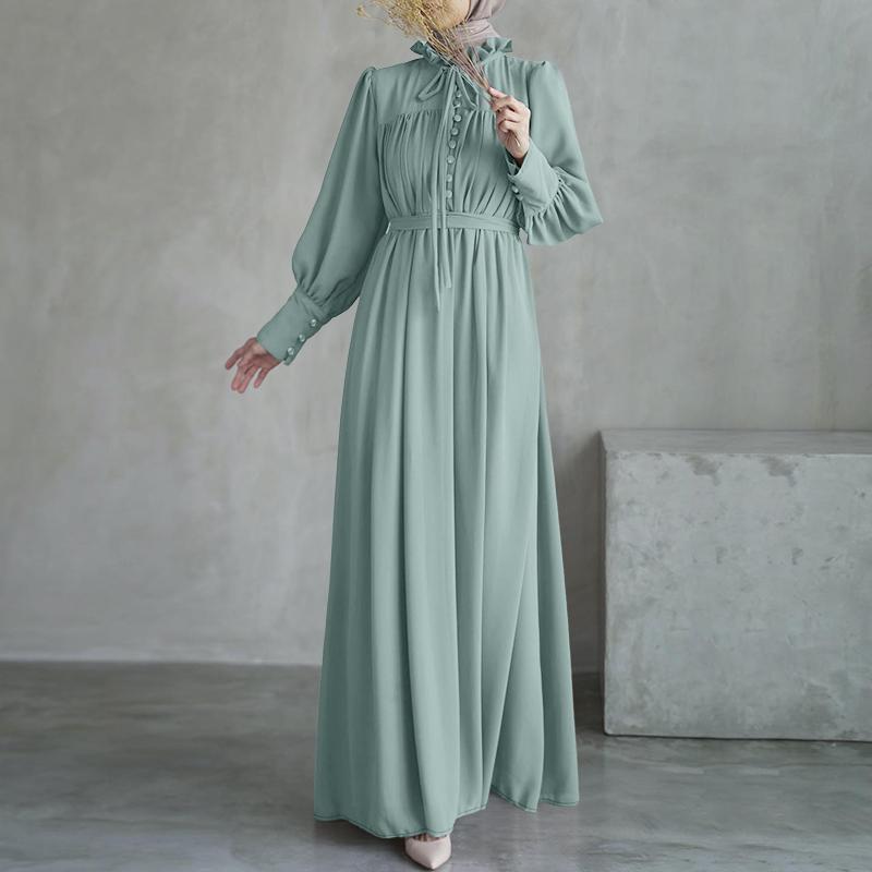 ZANZEA Women Casual Round Neck Long Sleeve Loose Long Dress