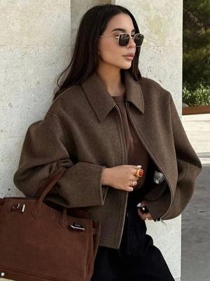 Chaqueta de Lana Marrón de Moda con Cremallera para Mujer Elegante Solapa Manga Larga Abrigos Cortos Femeninos Vintage Otoño Dama Street Ropa Exterior