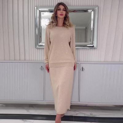 202 Autumn/Winter Women's Fashion Sequin Knit Long Dress Two-Piece Set