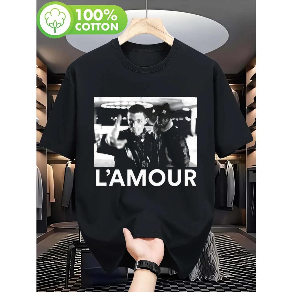 Men's and Women's Black La Haine X L'Amour Movie Pattern T-shirt Urban Street Casual Wear