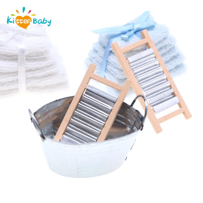 1Set 1/12 Dollhouse Miniature Accessories Mini Washtub Washboard Simulation Furniture Laundry Tub Model Toy for Doll House Decor