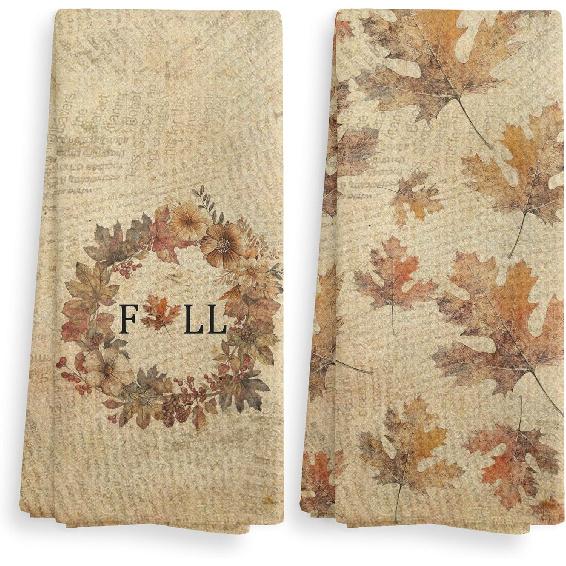 Vintage Fall Leaves Decor Kitchen Towels and Dishcloths Set of 2, Fall Hand Towels, Farmhouse Fall Decor, Retro Fall Foliage Drying Cloth Hand Towels Fall Leaves