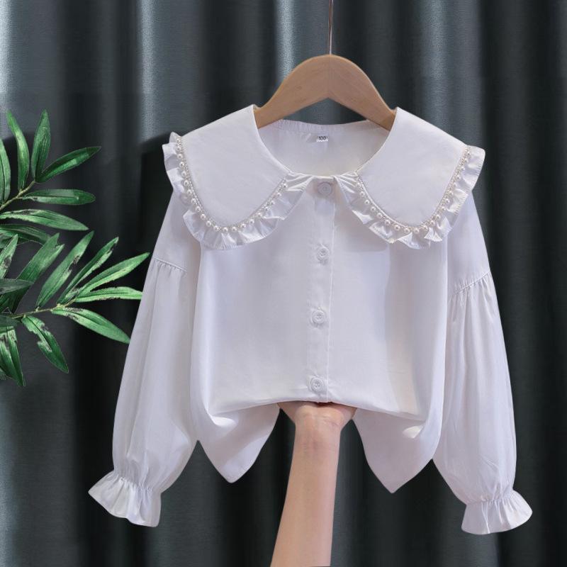 Girls Ruffled Collar Long Sleeve White Blouse Kids Elegant Lapel Button Down Shirt