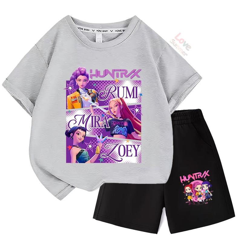 Sommer-T-Shirt-Set Kinder Oberteil Mädchen KPop Huntrx Devil Hunter Mädchengruppe Bedruckt Kurzarm Shorts Zweiteiliges Set