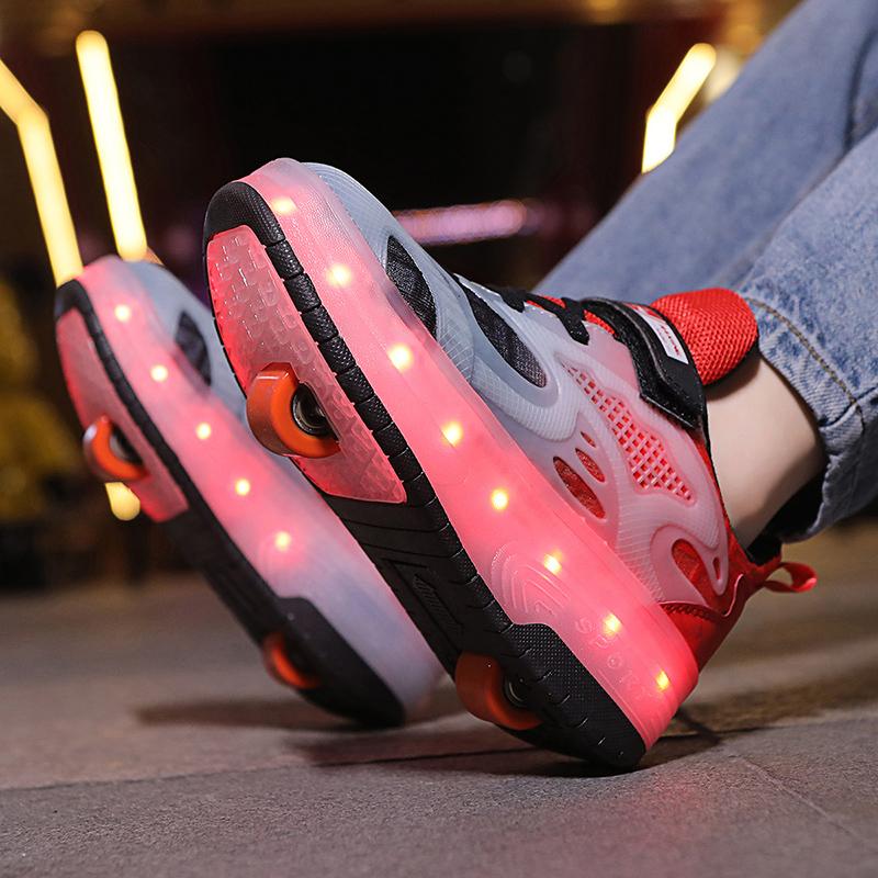 Boys Lights Sports Shoes Rubbing Shoes Charging /Disassembling Tow Wheels Slide Shoes LED Kids Glowing Sneakers
