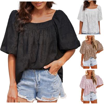 Women's Fashion Casual Soild A Square Collar With A Square Collar Short Sleeve Top Blouse