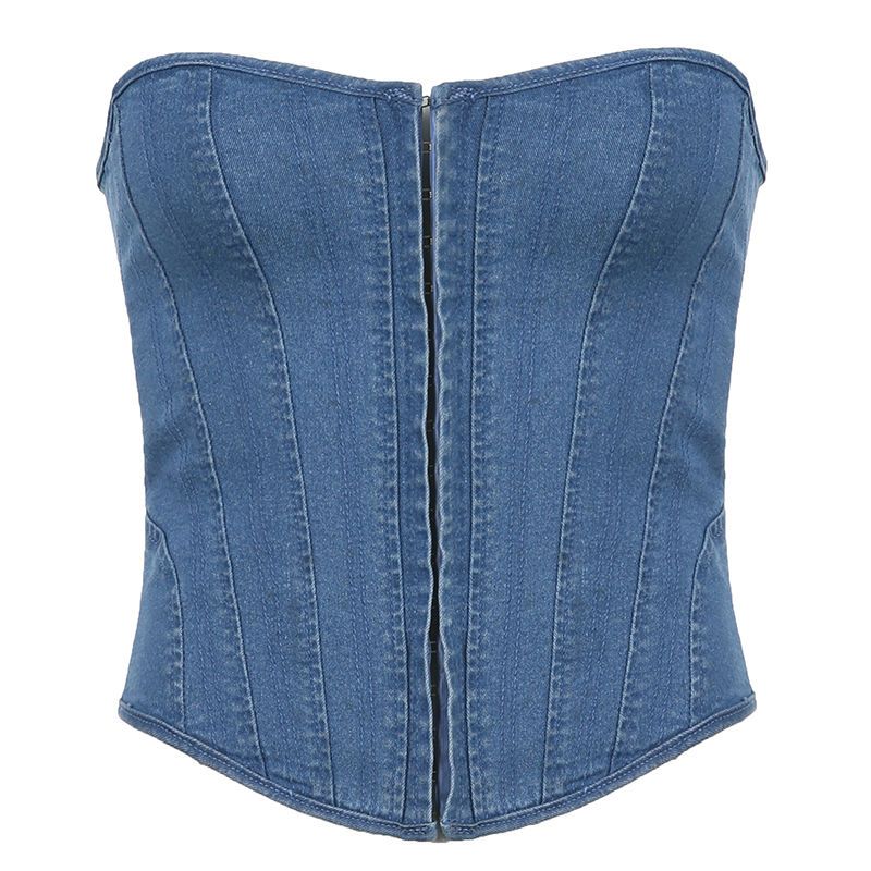 Vintage Hook Buckle Strapless Crop Tops Women Sexy Y2k Casual Slim Backless Denim Tanks Fashion Chic Lace-up Streetwear Beach Tees