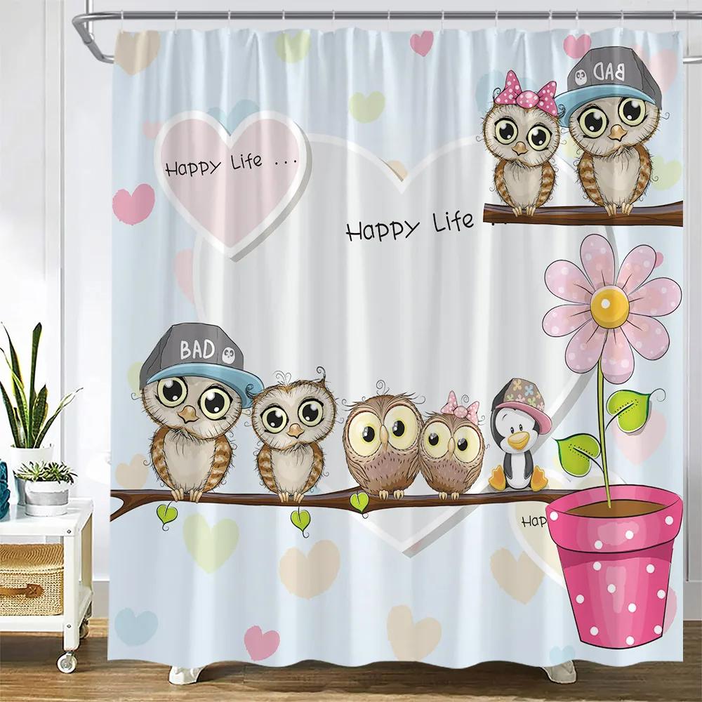 Cute Animals Cartoon Shower Curtains Owl Dog Giraffe Dinosaur Turtle Mermaid Kids Bath Curtain Children Room Bathroom Decor Sets