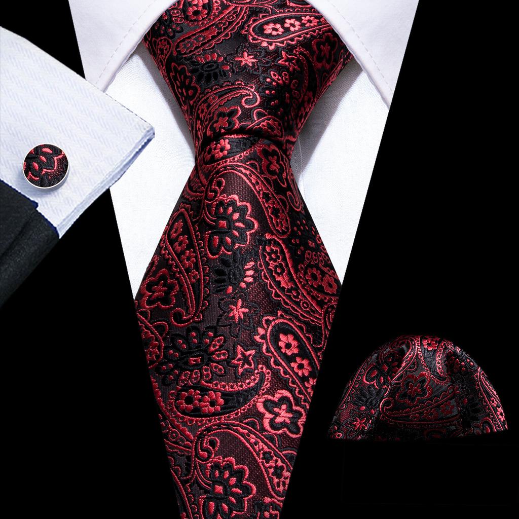 Barry.Wang Floral Ties for Men Woven Paisley Wedding Necktie Handkerchief Cufflinks Formal Casual Set