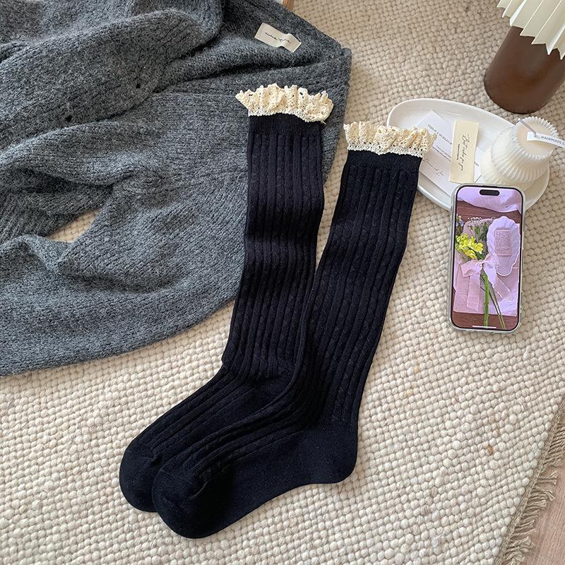 Female Spring and Autumn Lace Show Thin All Build Long Leg Pile Socks