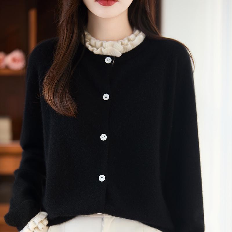 Women's Pure Wool French Color Block Cardigan with Lace Collar - Autumn/Winter Knit Sweater.