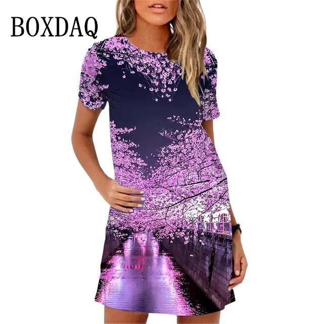 Elegante Abito Midi da Donna a Maniche Corte Moda Stampa 3D Taglie Forti Abbigliamento da Spiaggia