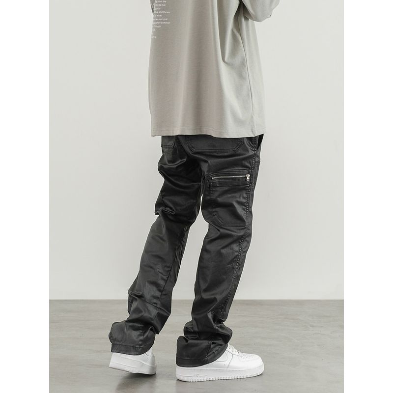Black of Exit Heavy-Duty Patchwork Rivet Batik-Coated Micro-Flared Cargo Pants High Street Slim-Fit Long Pants for Men