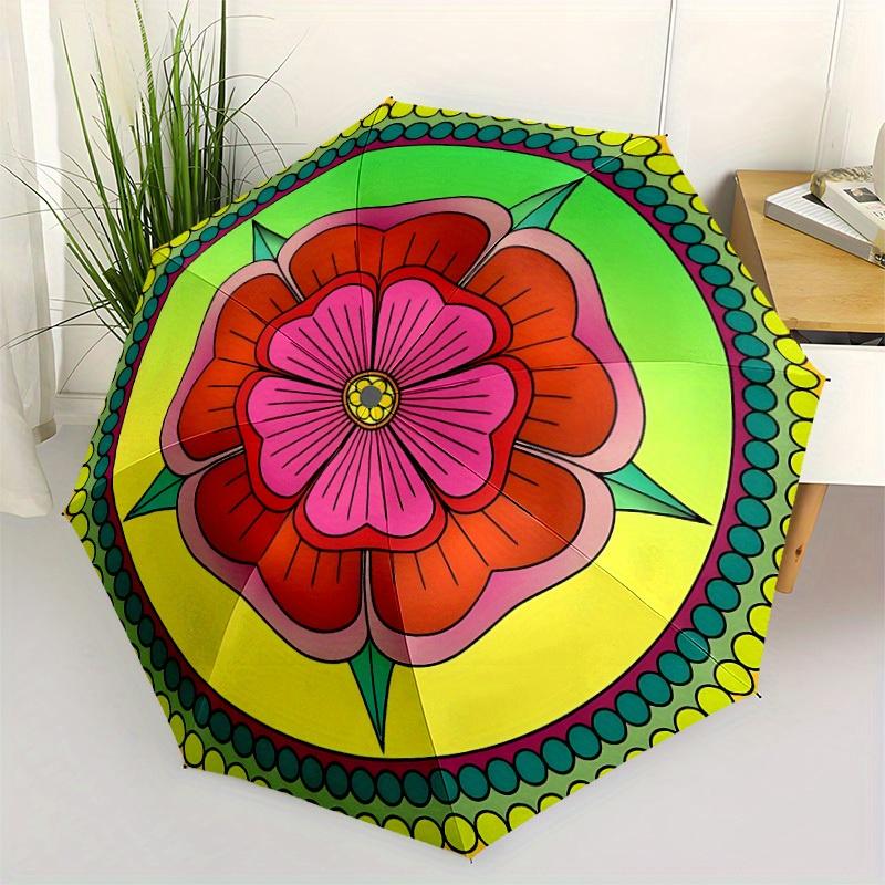 1pc Floral Mandala Design Folding Umbrella With Excellent UV Protection, 8 Ribs Casual Durable Lightweight Portable Travelling Umbrella For