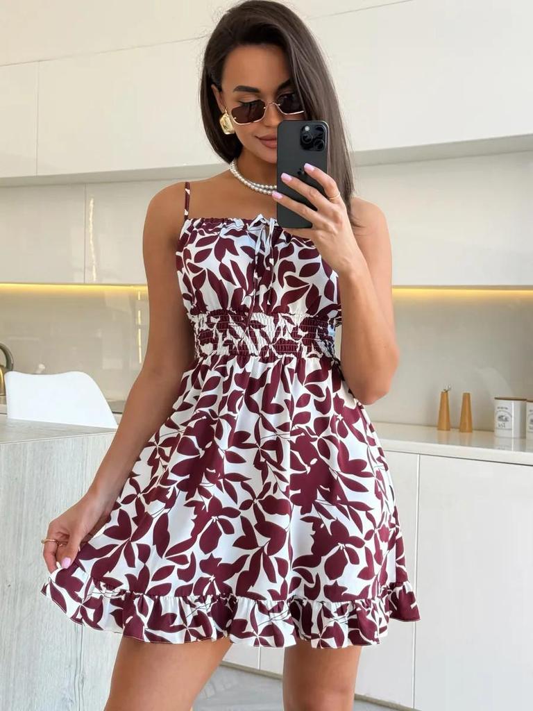 European-American Women's Summer V-Neck Lace-Up Printed Sling Dress