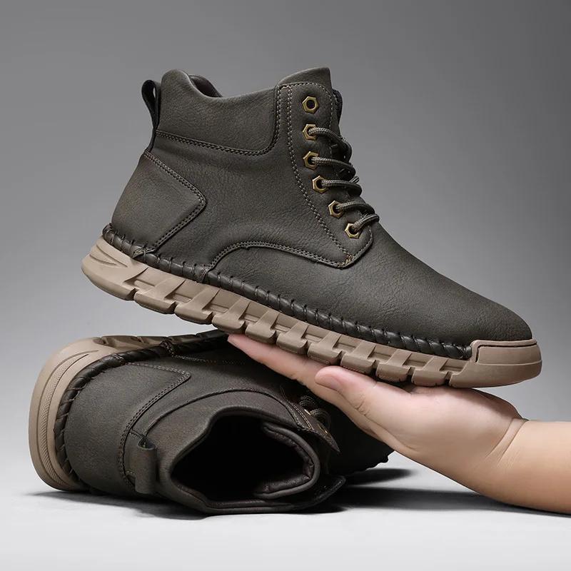 Men's Winter Boots Hand-stitched Mens Ankle Boots Leather Soft Plush Warm Outdoor Fashion Business Leather Casual Shoes for Men
