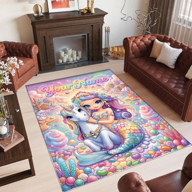 Alfombra de Suelo de Terciopelo de Cristal con Temática de Unicornio, Alfombra Cálida Personalizada con Nombre y Texto, Decoración del Hogar