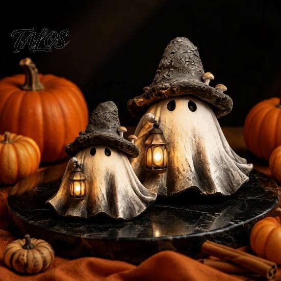 Glowing Wizard Sculpture for Desk Halloween Ghost Hat Resin Figurine with LED Lantern, Vintage Witch Detailed Craft Home Holding Lamp Statue,