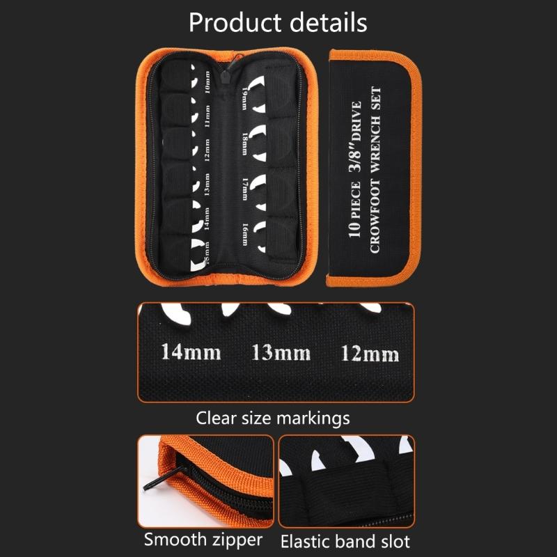 10Pcs Professional Steel Crowfoot Wrench Set From 10mm To 19mm Includes Carry Pouch For Easy Transport