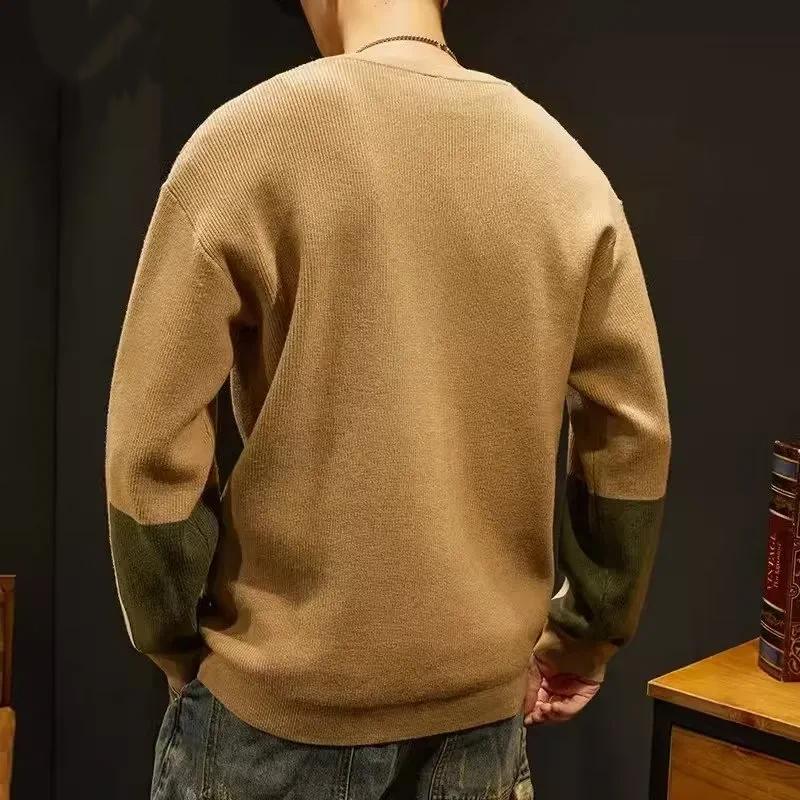 Men's Loose Crew Neck Thickened Color Block Patchwork Trendy Warm Outerwear Knit Sweater Autumn Winter New Style