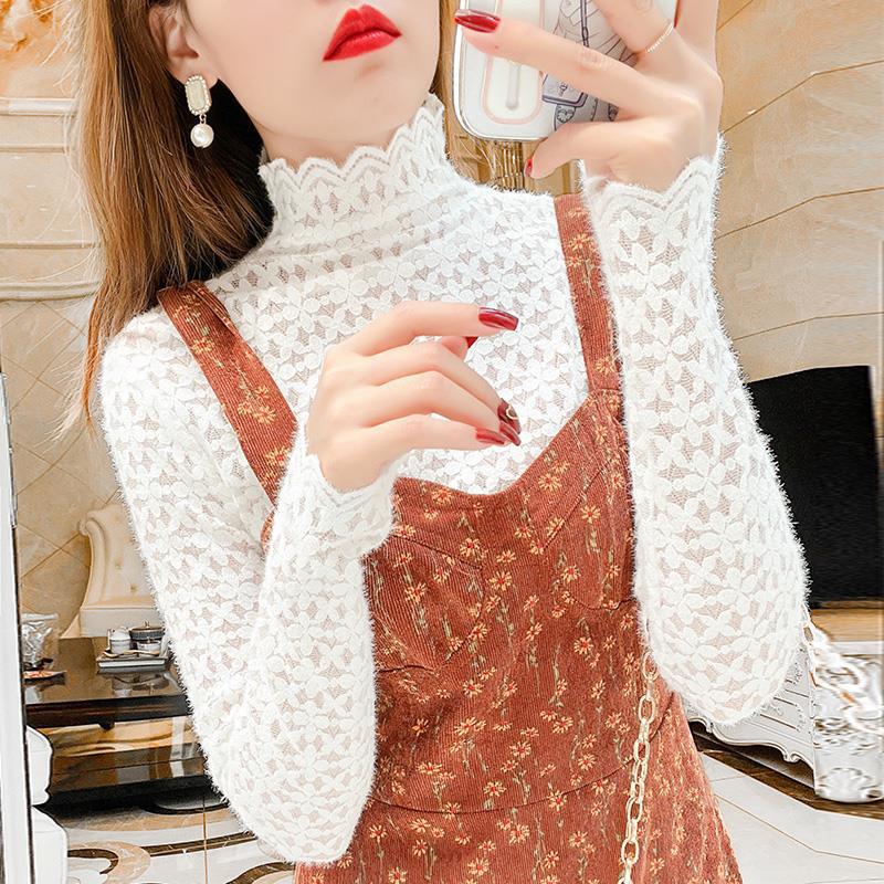 Women s Fleece-Lined Lace Base Layer Top: Stylish High-Neck Brushed Mesh Shirt for Autumn/Winter 3XL 136-145 lbs