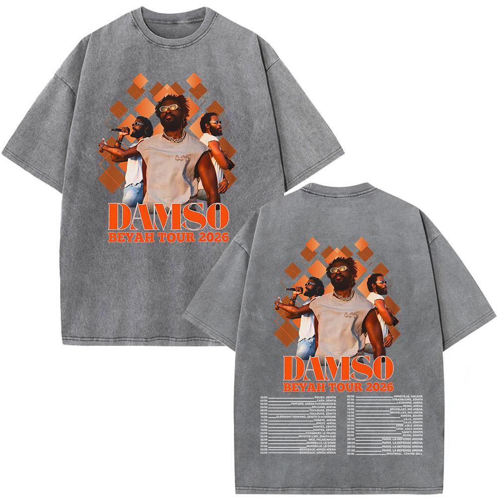 Vintage Spierane Koszulki Rapper Damso Beyah Tour 2026 Mężczyźni Kobiety Odzież Moda Hip Hop Krótki Rękaw Okrągły Dekolt Koszulki Streetwear