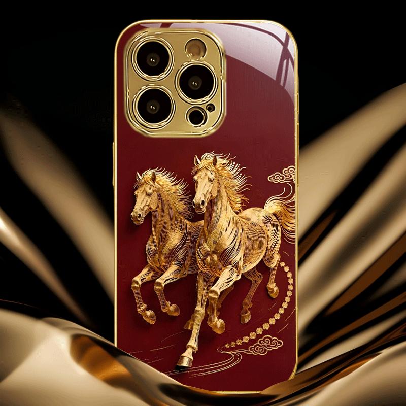 Golden Horse red tempered glass phone case suitable for iPhone 17 16 15 14 13 12 11 Pro/Max/Plus anti drop and shockproof