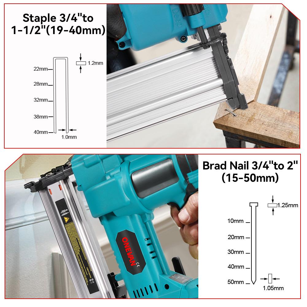 ONEVAN Bürstenloser elektrischer 2-in-1-Nagler/Hefter F15-50 K410-438 Akku-Nagelpistole mit 4 Nagelmodi für 21-V-18-V-Akku