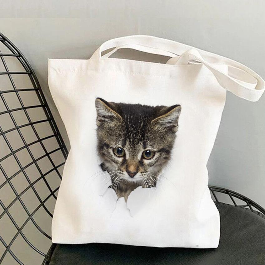 3D Realistic Cute Kitten Print Large Capacity Canvas Tote Bag for Students