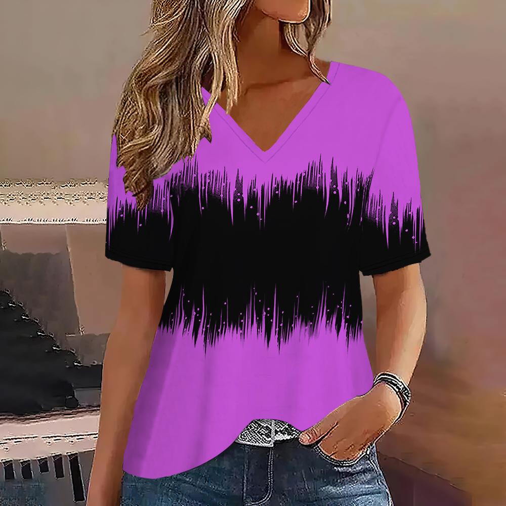 New Vintage Striped 3d Print T-shirt Women Fashion Gradient V-Neck Short Sleeve Basic T Shirt Summer Oversized Tops Tees Female