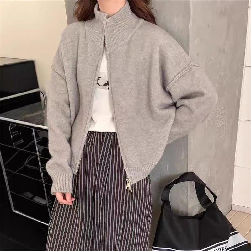 Women's Korean-Style Double Zipper Stand Collar Knit Cardigan - Loose Fit, Casual, Autumn/Winter 2024 Sweater Coat