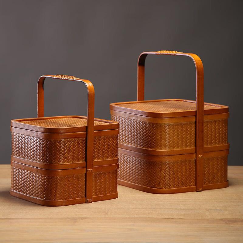 Handmade Bamboo Double-Layer Food Basket with Handle