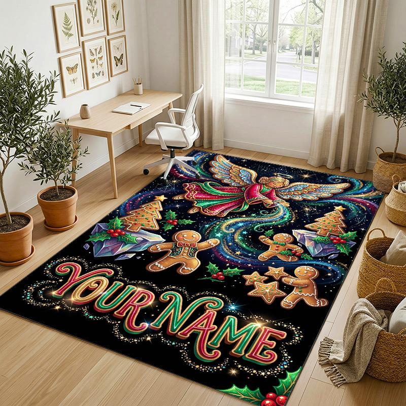 Christmas Theme Crystal Velvet Rug Personalized Custom Name Text Soft Floor Mat Home Decor