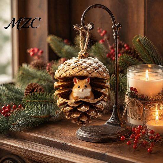 Durable Holiday Ornaments Forest Animal Acorn Ornaments, Cozy Woodland Christmas 2D Acrylic Realistic Hanging Decor Pine Cone Pendant for Xmas