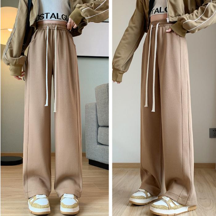 Women's High Waist Wide Leg Pants Loose Fit Straight Sweatpants Drawstring Solid Color Summer American Casual Banana Trousers