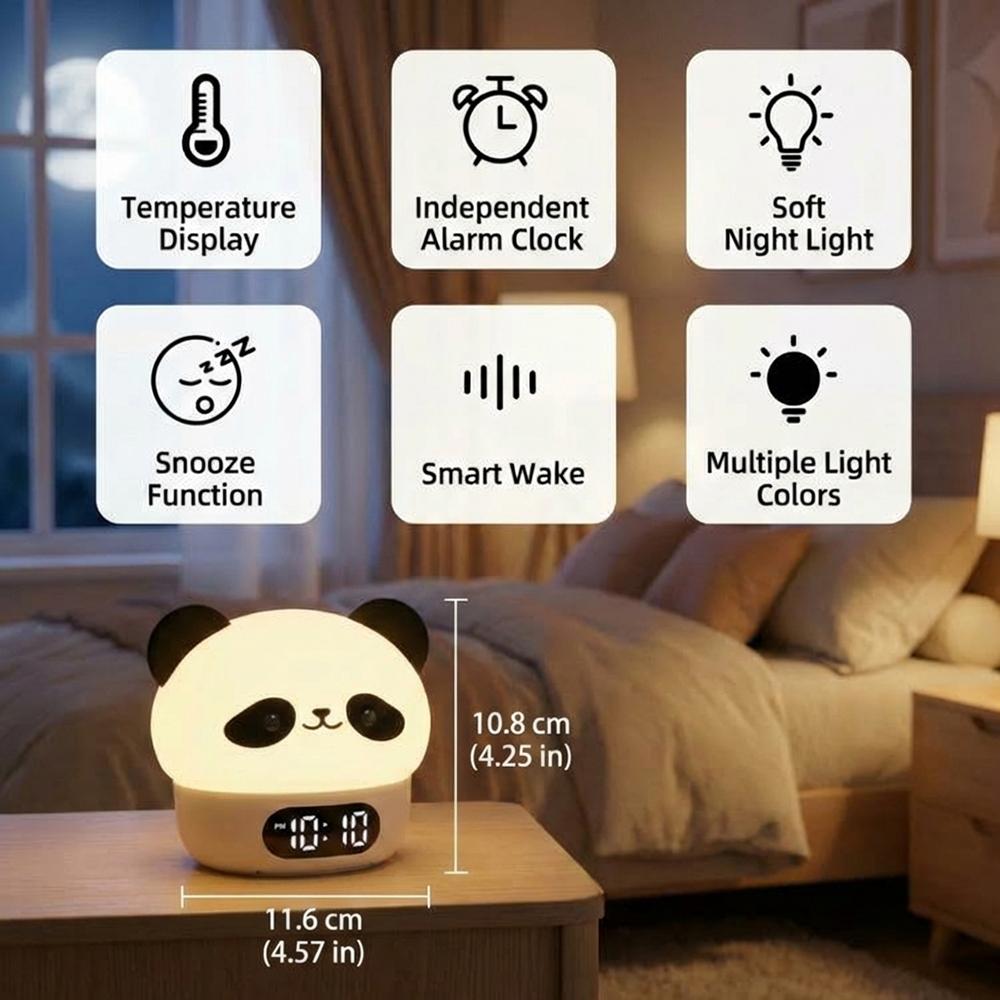 Cute Panda Digital Alarm Clock Kid-Friendly Lamp Rechargeable Colorful Night Light Touch-sensitive for Sleep Help Ideal Gift
