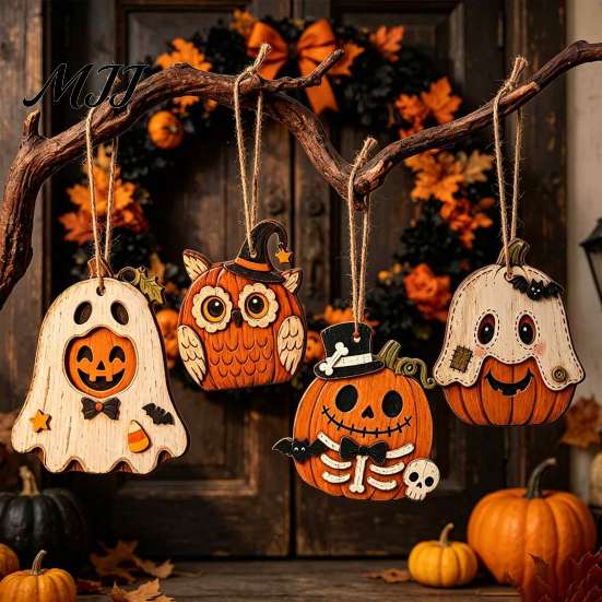 Halloween Tree Hanging Props Vintage Wooden Ornaments, Rustic Pumpkin Owl Ghost Farmhouse Kids Room Decor Decoration with Rope for Window Wall Natural