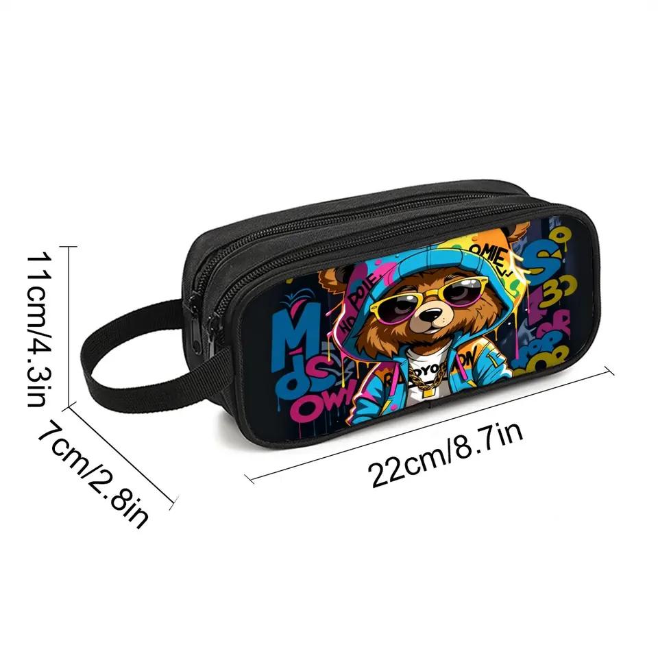 Bear Print Double Layered Pencil Case with Handheld for Boys & Girls Best Gift 3D Cartoon School Pencil Bag
