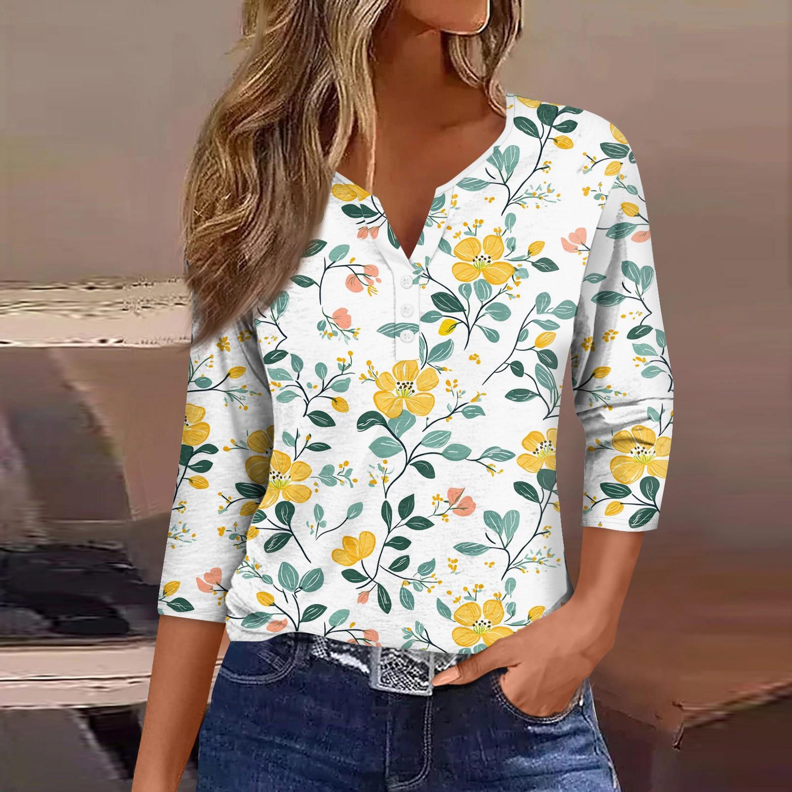 

Women s Loose Casual Flower Print Seven Quarter Sleeved V-Neck Top Seven Quarter Sleeved V-Neck Top XL