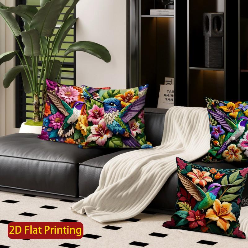 2D Hummingbird Floral Bohemian Throw Pillow Covers Pattern Cushion Cover Suitable For Sofa Bedroom Car Pillow Cover