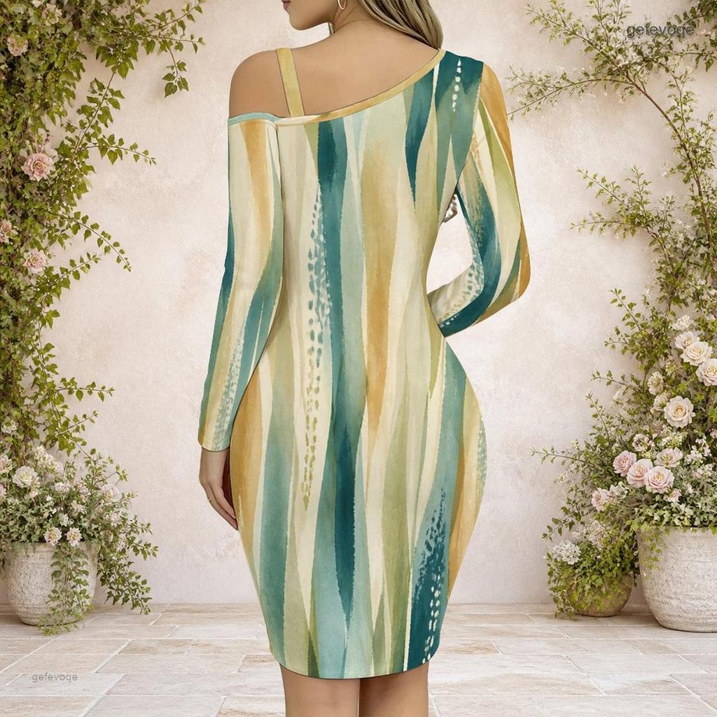 Women Plus Size Chain Strap Cold Shoulder Long Sleeve Striped Printed Asymmetrical Hem Bodycon Dress