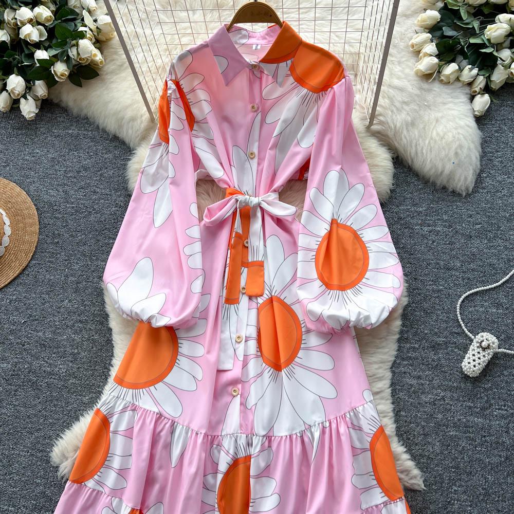 Chic Vintage Sexy Buttonn Ruched  Print Slim Elegant Fairy Summer  Korean Fashion Boho Sundress Women Clothing Long Dress