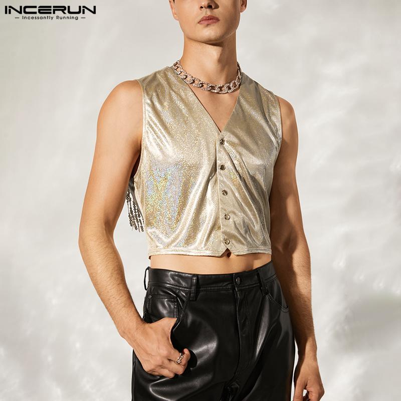 

INCERUN Мужской жилет без рукавов с пайетками, летняя клубная одежда, модные блестящие вечерние тонкие топы S-5XL
