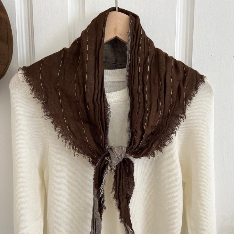 Johnature Vintage Raw Edge Striped Triangle Scarf Women Fall Winter Fashion Warm Two-tone Neck Guard Decoration Head Scarf