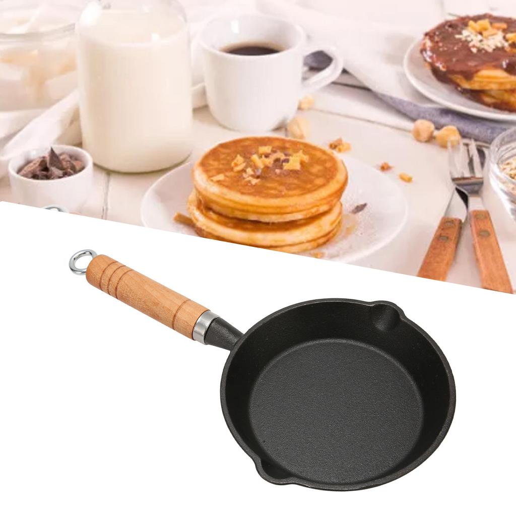 Frying Pan Cast Iron Skillet Drip Spouts Wooden Handle Stain Resistant Quick Heat Easy To Clean Cook Pan