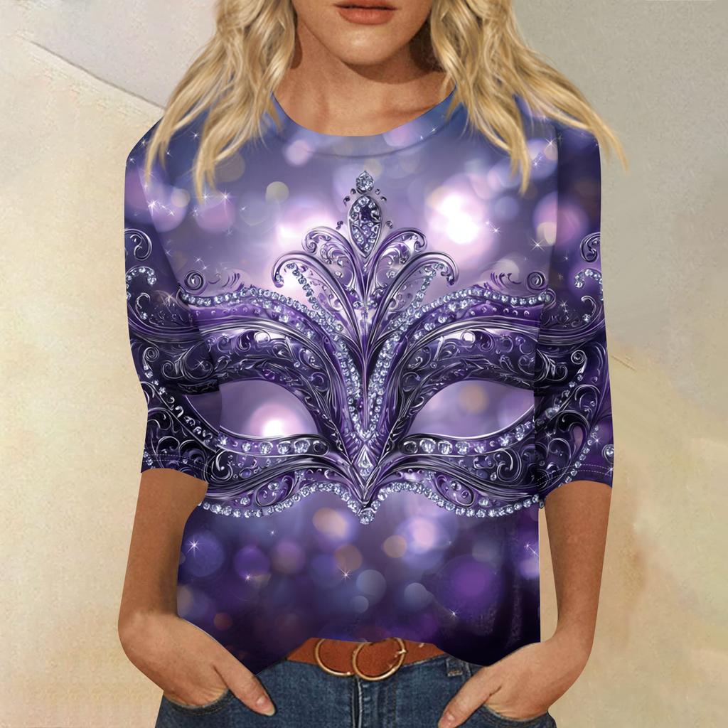 Women's Fashion Casual Round Neck Three-quarter Sleeve Carnival Print T-shirt Top