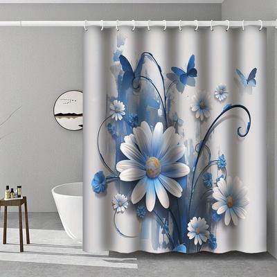 1pc Farmhouse Floral Shower Curtain - Blue Daisy & Butterfly, Polyester, 47x70.8In, 12 Hooks, Easy Clean, Bathroom Decor
