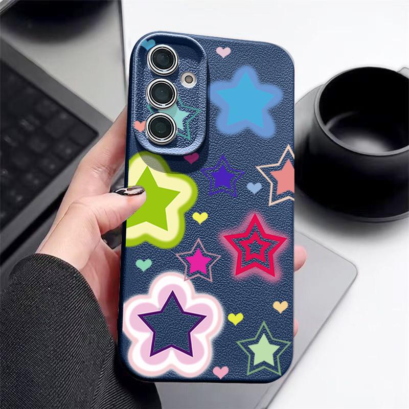 Blended Colorful Stars Pattern Case For Samsung Galaxy S26 Ultra S25 Edge S24 S23 S22 Plus S21 FE Leather Texture Silicone Cover